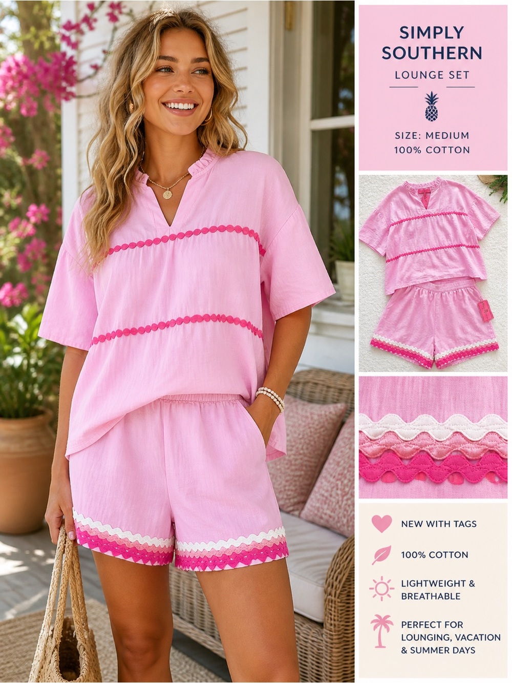 Simply Southern Pink Cotton Lounge Top - Women's Relaxed V-Neck